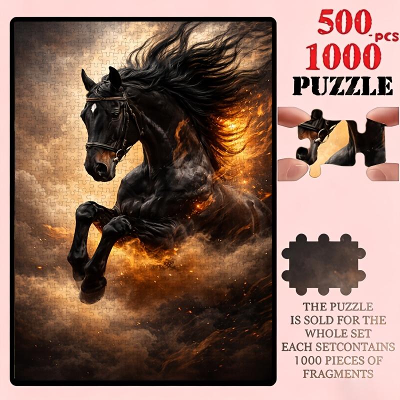 500/1000pcs Jigsaw Puzzle Suitable for & Families - Portable Rectangular Brain with Horse Racing, Black Steed Gallop, Wedding & New Year Gift, Cultura