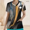 Women Plus Size Abstract Printed Nurse Scrub Top V Neck Short Sleeve Front Pockets Black Gray Yellow