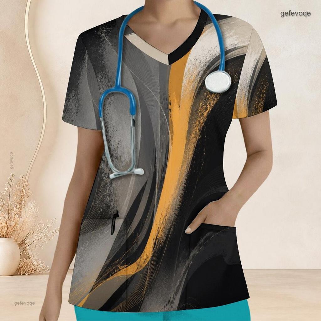 Women Plus Size Abstract Printed Nurse Scrub Top V Neck Short Sleeve Front Pockets Black Gray Yellow