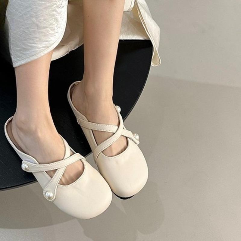 Fashion New Round Toe Shallow Mouth Soft Sole Slippers Women's Fashion Cross Pearl Band Non-slip Wrapped Head Slippers