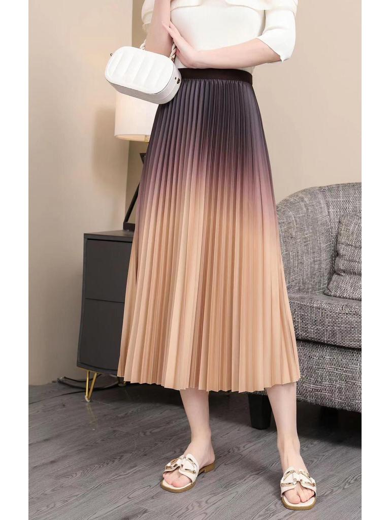 Women's Gradient Pleated Midi Skirt: Classic A-Line Slimming Design for Spring & Summer