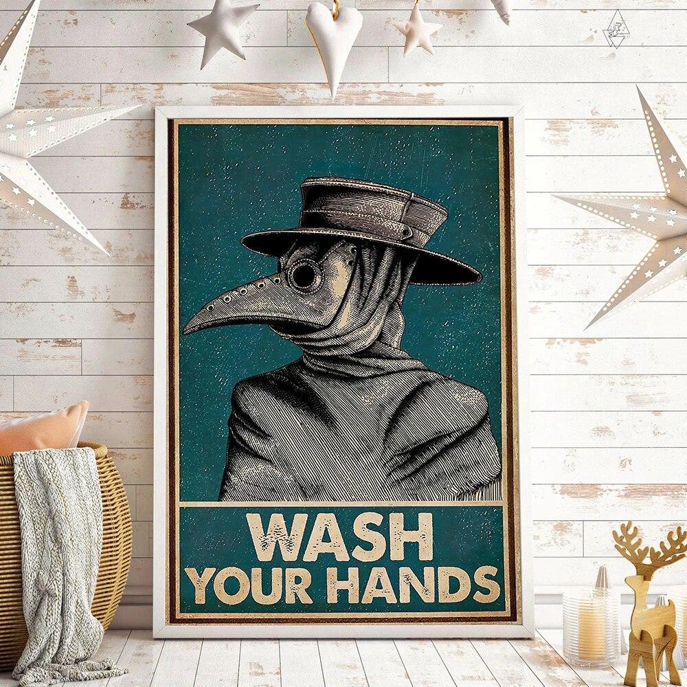 Vintage Poster Plague Doctor Wash Your Hand Sign Public Health Retro Wall Art Bathroom Canvas Painting Print Doctor Office Decor No Frame