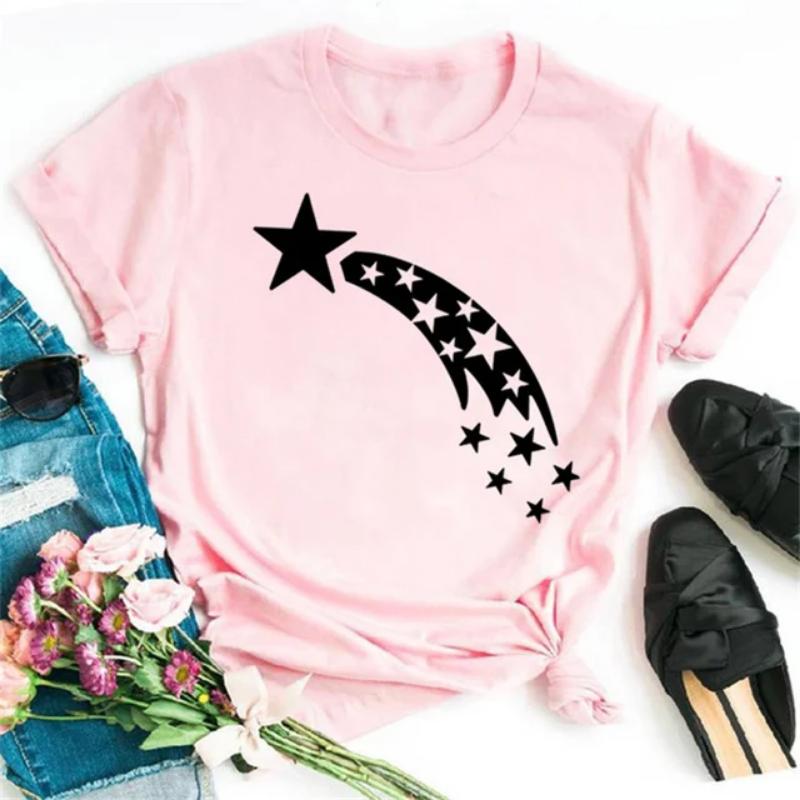 

Maycaur Woman Star Moon Print Harajuku Летние футболки Повседневная футболка с круглым вырезом и коротким рукавом Женская черная футболка Прямая поставка 8XL