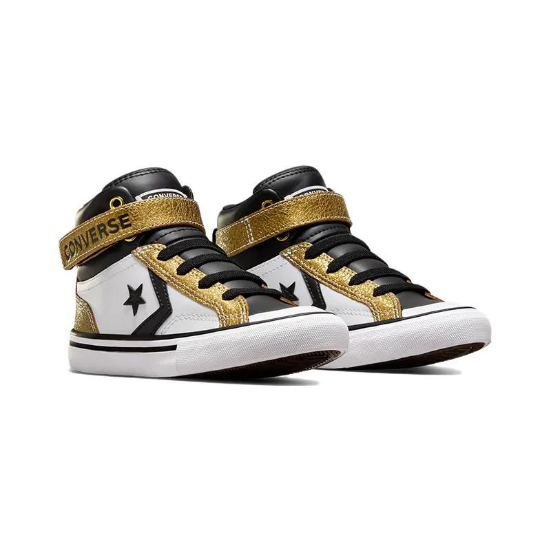 Converse Pro Blaze Strap Comfortable Versatile High Top Kids Basketball Shoes Kids Sneakers Black Gold White A05523C