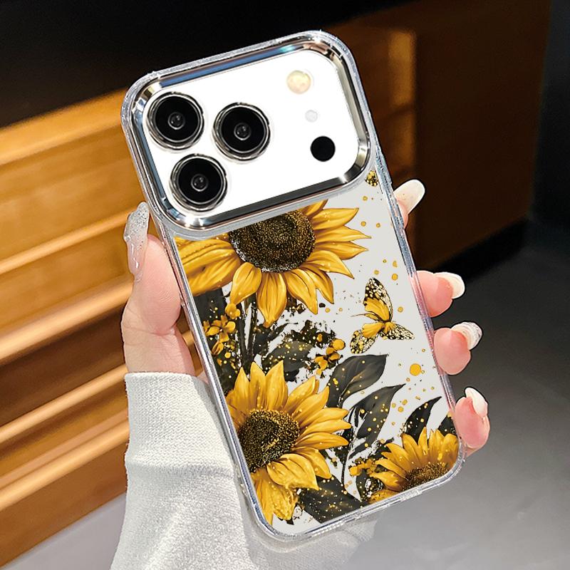 Sunflower Floral Pattern Case For iPhone 17 Pro Max iPhone 16 15 14 13 Pro Max 11 17e 16e Plating Lens Frame Clear Soft Silicone Back Cover