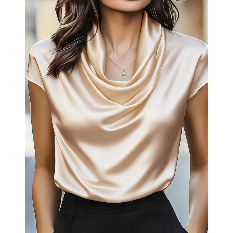Spring Autumn Women's Satin Cowl Neck Blouse Short Sleeve Elegant Casual Work Top