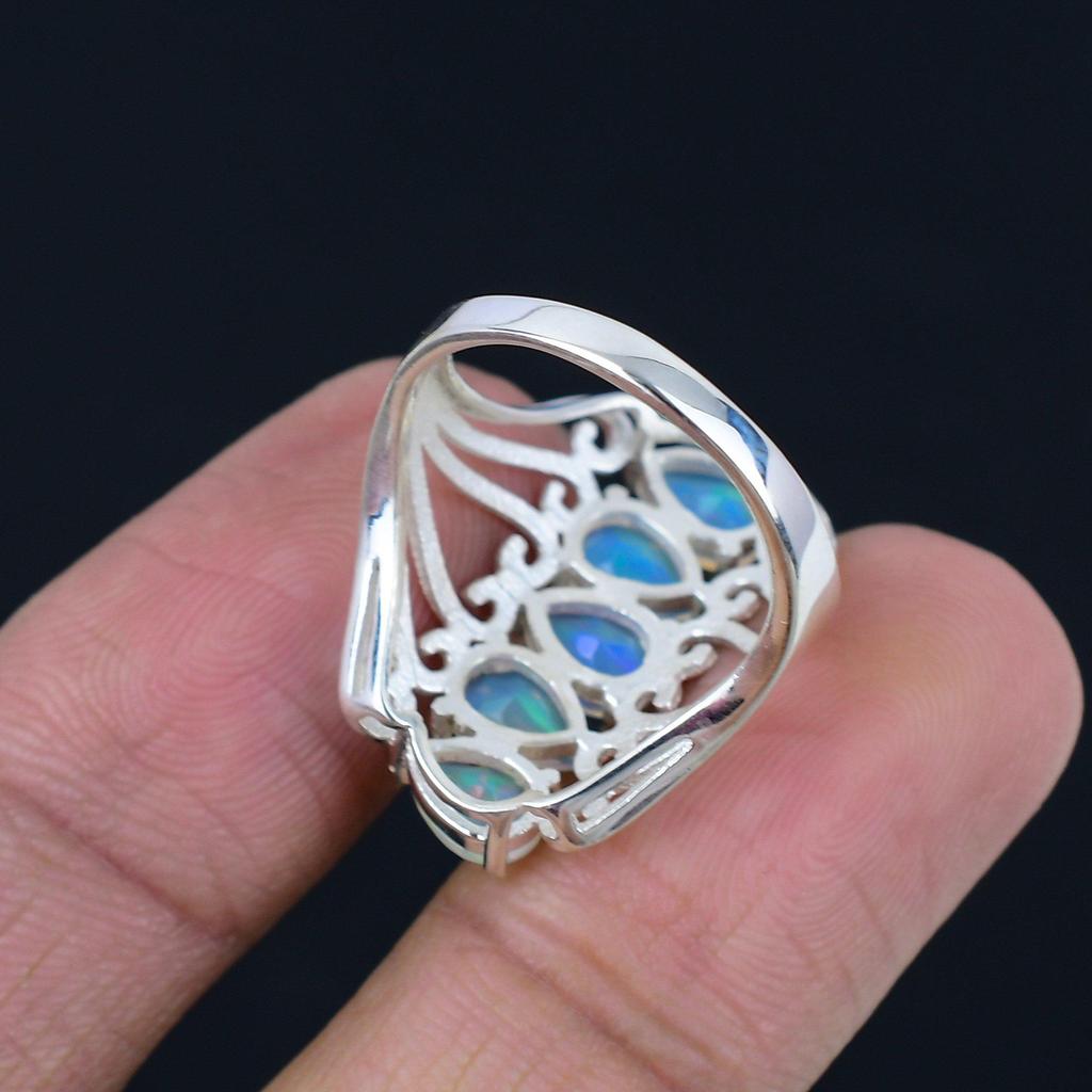 Anel de pedra preciosa de opala etíope natural facetada, prata esterlina 925 sólida, formato de lágrima, pedra preciosa, feito à mão, haste aberta, joia, presente para mulheres e meninas