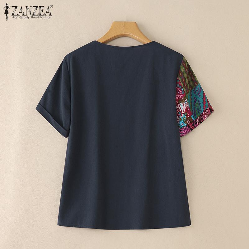 ZANZEA Women Ethnic Print Patchwork Summer Short Sleeve Cotton Tee Shirt Tops