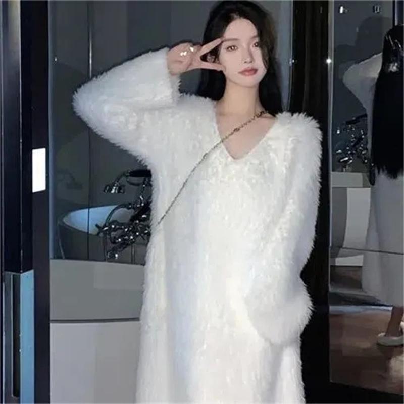 Sonbahar/Kış Bol Popüler Pembe Taklit Vizon Polar Bol Diz Boyu Uzun Kürk Elbise Kadın Pijama Elbise Düz Renk