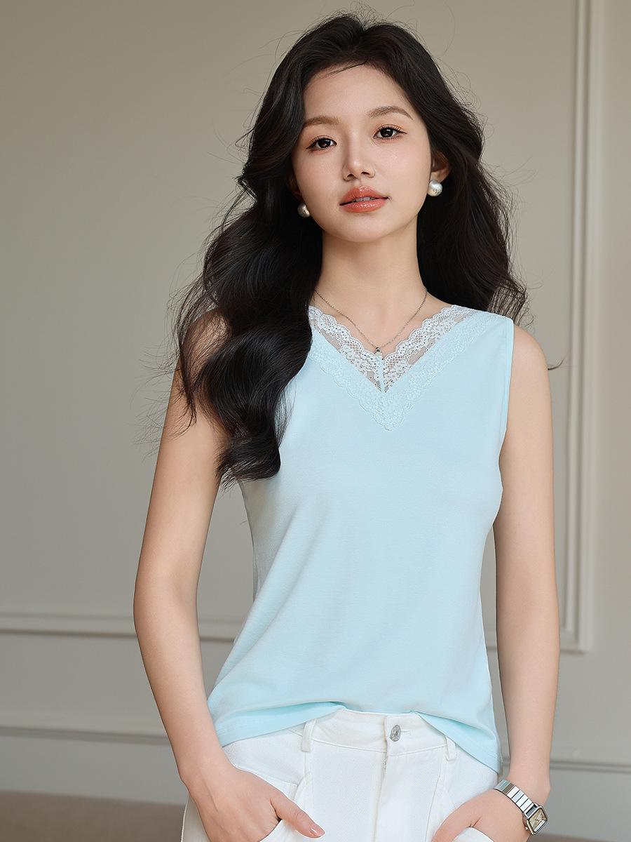 

2026 Spring/Summer Women s Modal Slimming Sleeveless Top with Lace Collar One Size