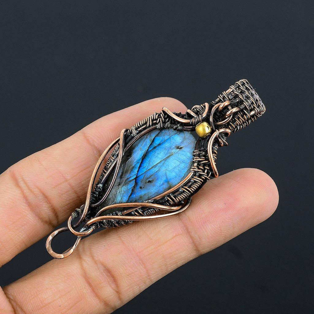 Labradorite Pendant, Handmade Gemstone 999 Copper Wire Wrapped Pendant Antique Jewelry, For Gift Silver Jewelry