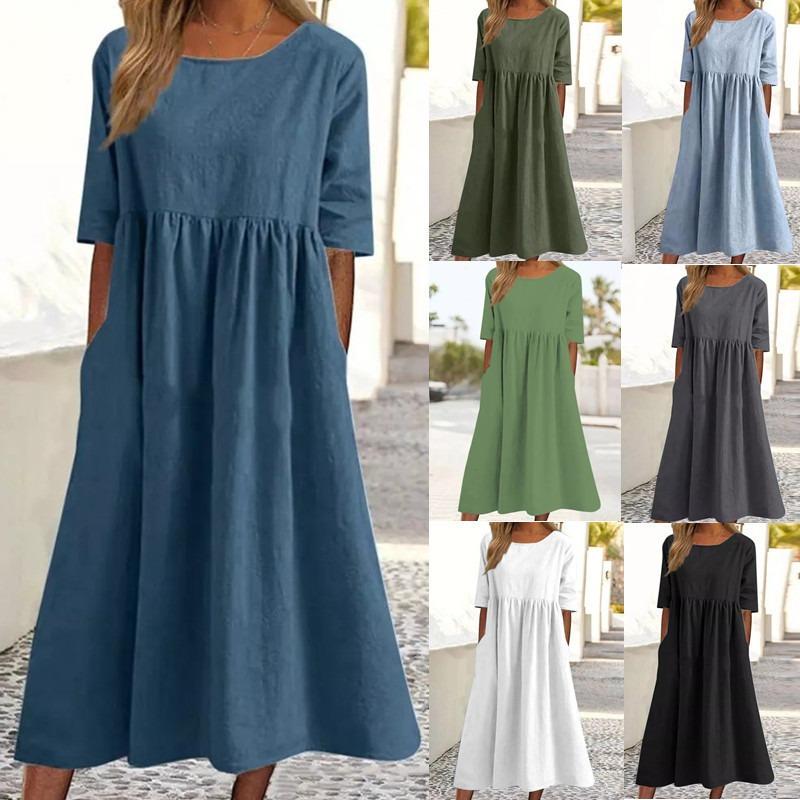 2025 Kurzarm Lockerer O-Ausschnitt Sommer Plissee Kleid Damen A-Linie Partykleider Mode Damenkleid Elegant Schlicht Einfarbig Kleidung