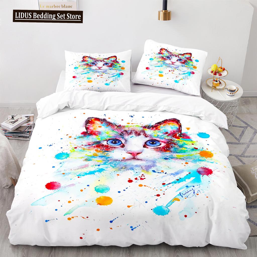 Cat Duvet Cover Set King Size Cute Cats Pattern Bedding Set Decorative Animal Polyester Comforter Cover With Pillowcases For Kid
