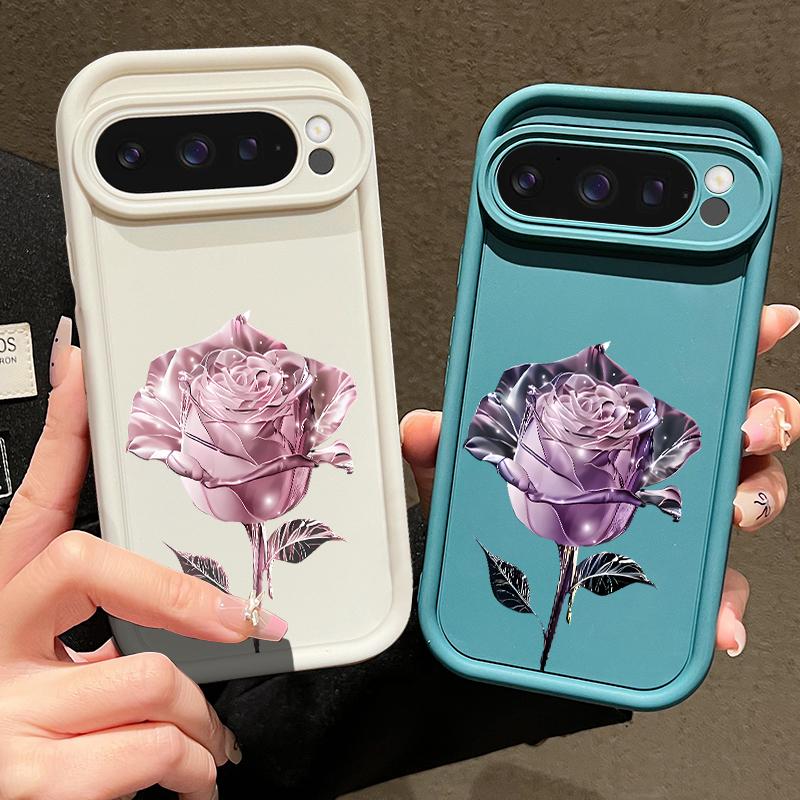 Crystal Rose Flower Pattern Soft TPU Matte Case For Google Pixel 9 Pro XL 8 Pro 8A Solid Color Shockproof Lens Protection Phone Cover
