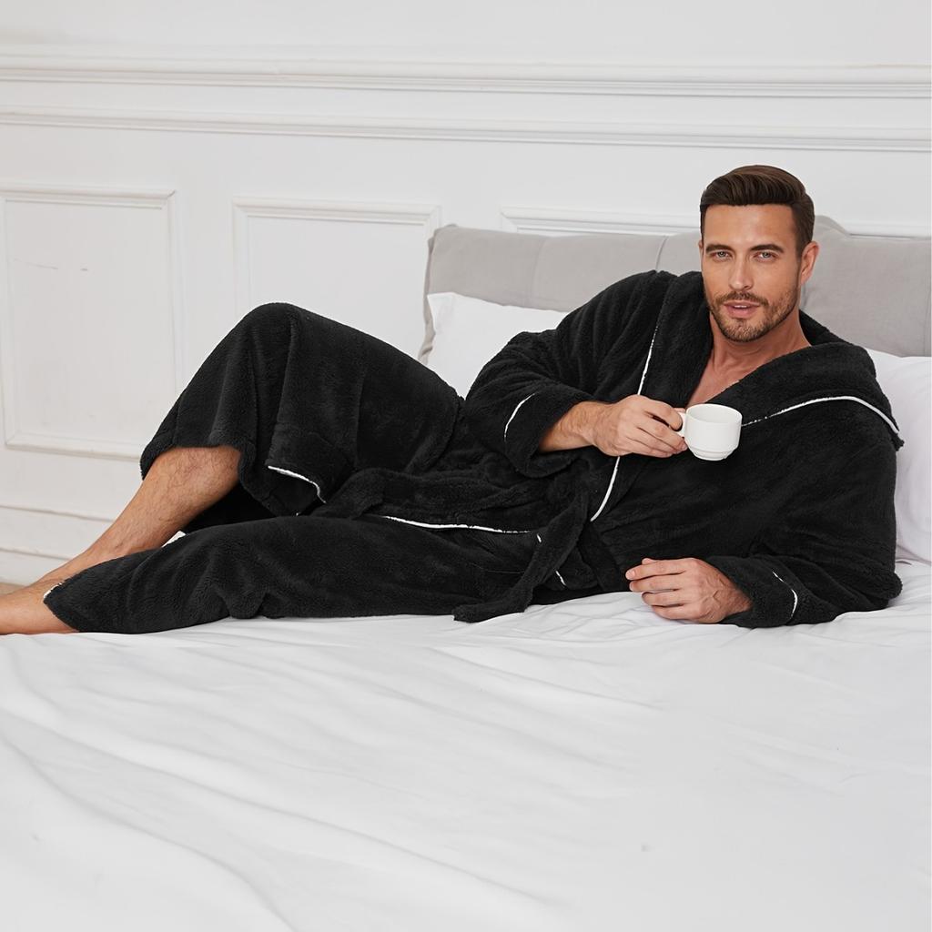 Men's Hooded Robes Full Length Spa Bathrobes Soft House Sleepwear Coat with Pockets Winter Warm Plush Fleece Robe Hooded Fluffy Robes for Men
