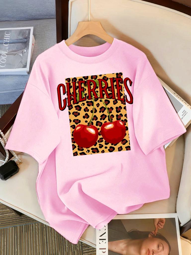 Leopard Kirsche Leopardenmuster Kreatives Design Damen T-Shirts Lässiges T-Shirt Sommer Rundhals Streetwear Weich Kurzarm