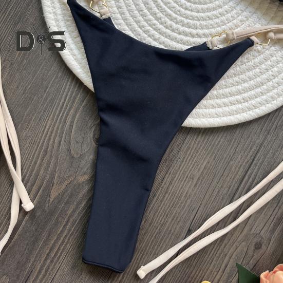 2Pcs/Set Women Bikini Set Heart Metal Buckle Halter Lace-up Swimsuit with Briefs Set Quick Drying Beachwear