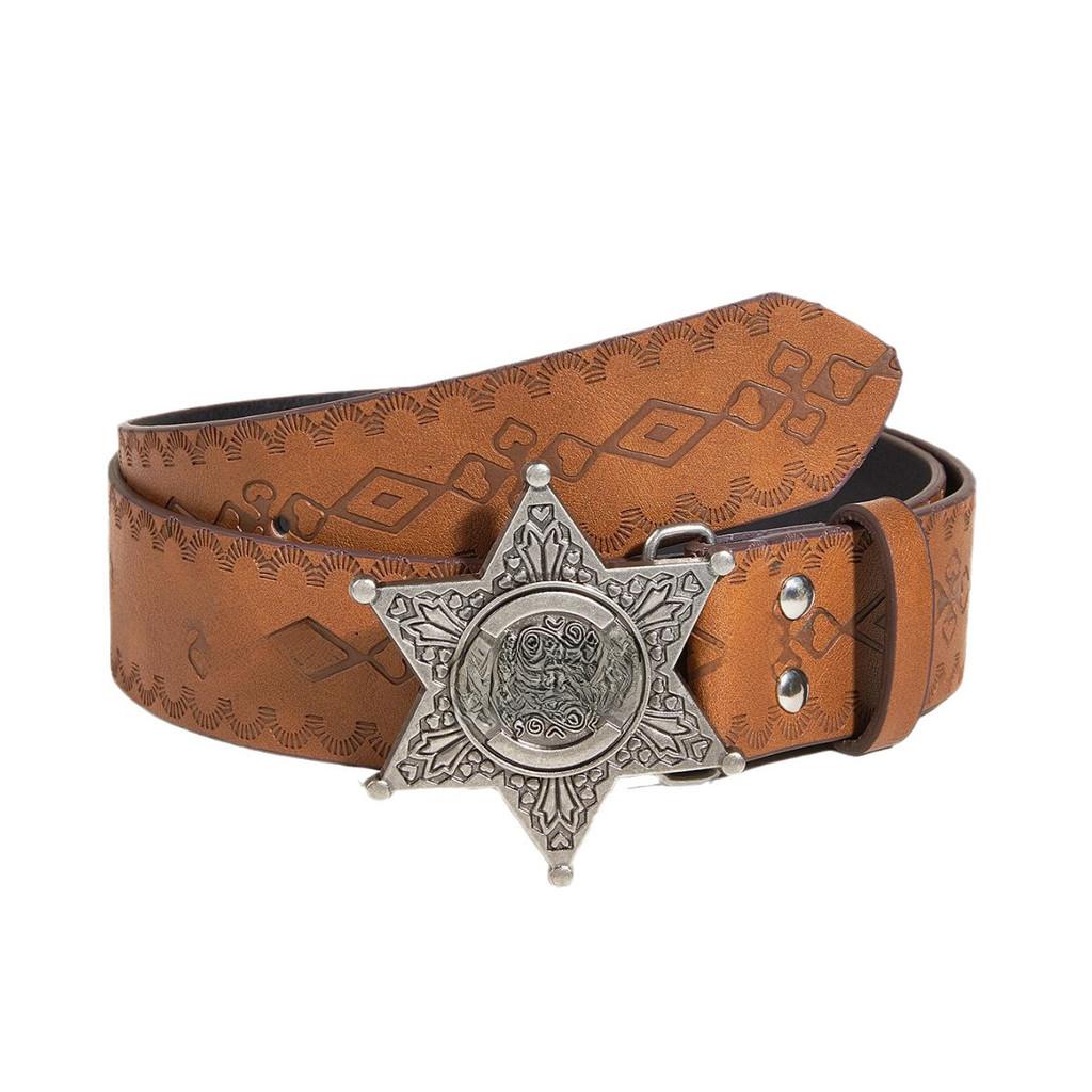 Star Letter Silver Buckle Texture Printed Pattern Belt For Both Men Women And