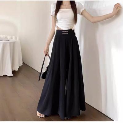 Summer and Autumn Buckle High Waist Drooping Feeling Wide Legs Drooping Feeling Waist Covering Belly Long Skirt Pants