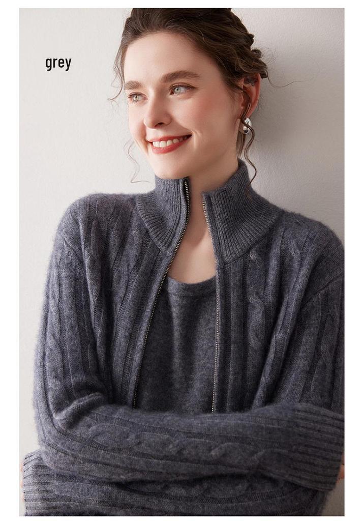 Luxury Double Zipper Heavy Duty Cable Knit Cashmere Cardigan for Women - High Neck, Loose Fit, Slimming, Thick Sweater Coat