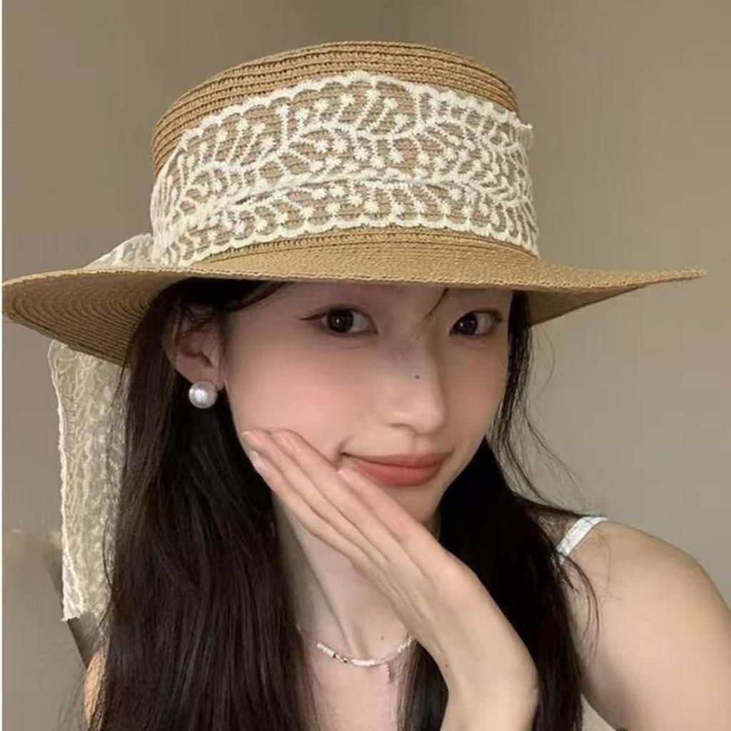 Lace straw hat women's summer bow large brim sunshade sun hat seaside vacation beach sun hat