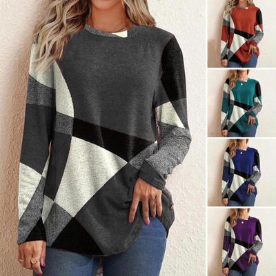 Damen-Oberteile, Rundhalsausschnitt, Langarm, Kontrastfarbe, geometrischer Druck, lockere Passform, T-Shirt, lässige Pullover-Oberteile
