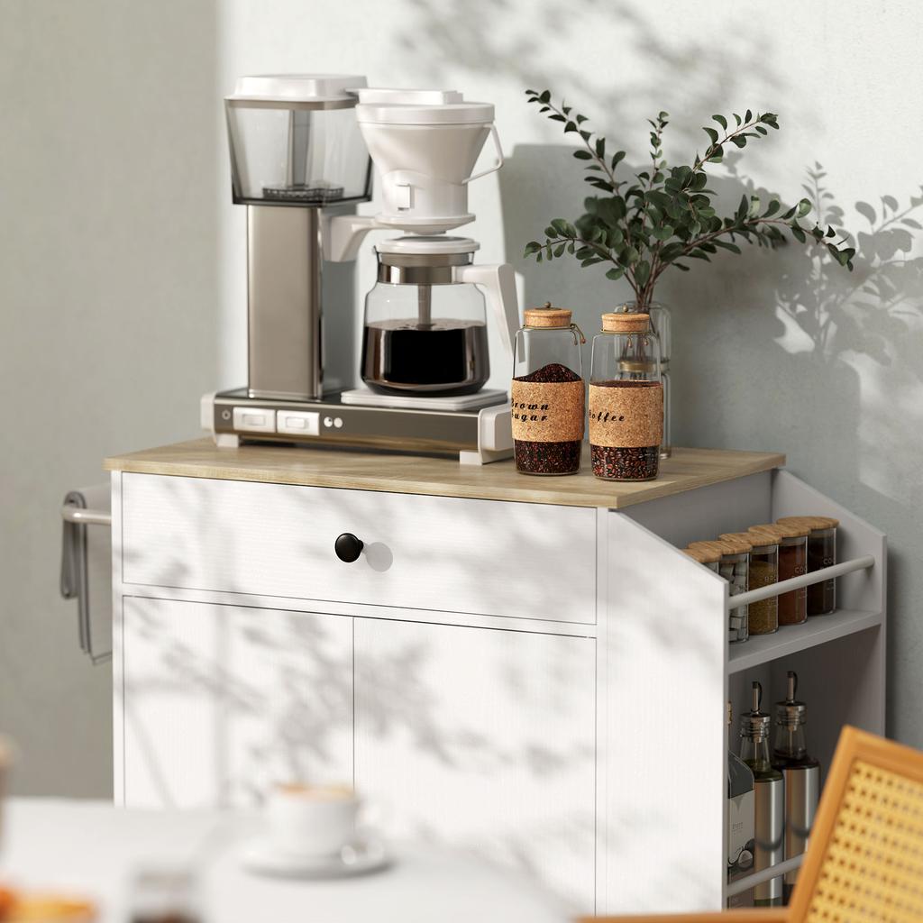 Rolling Kitchen Island with 3-Tier Spice Rack, Kitchen Storage Cart with Drawer and Towel Rack, White