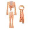 3 Pcs/Set Women Stage Performance Suit V Neck Lace-up Long Sleeves Cropped Top High Waist Flared Hem Trousers Printed Headband Retro Disco Party