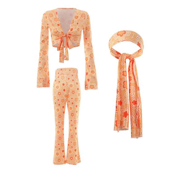 3 Pcs/Set Women Stage Performance Suit V Neck Lace-up Long Sleeves Cropped Top High Waist Flared Hem Trousers Printed Headband Retro Disco Party