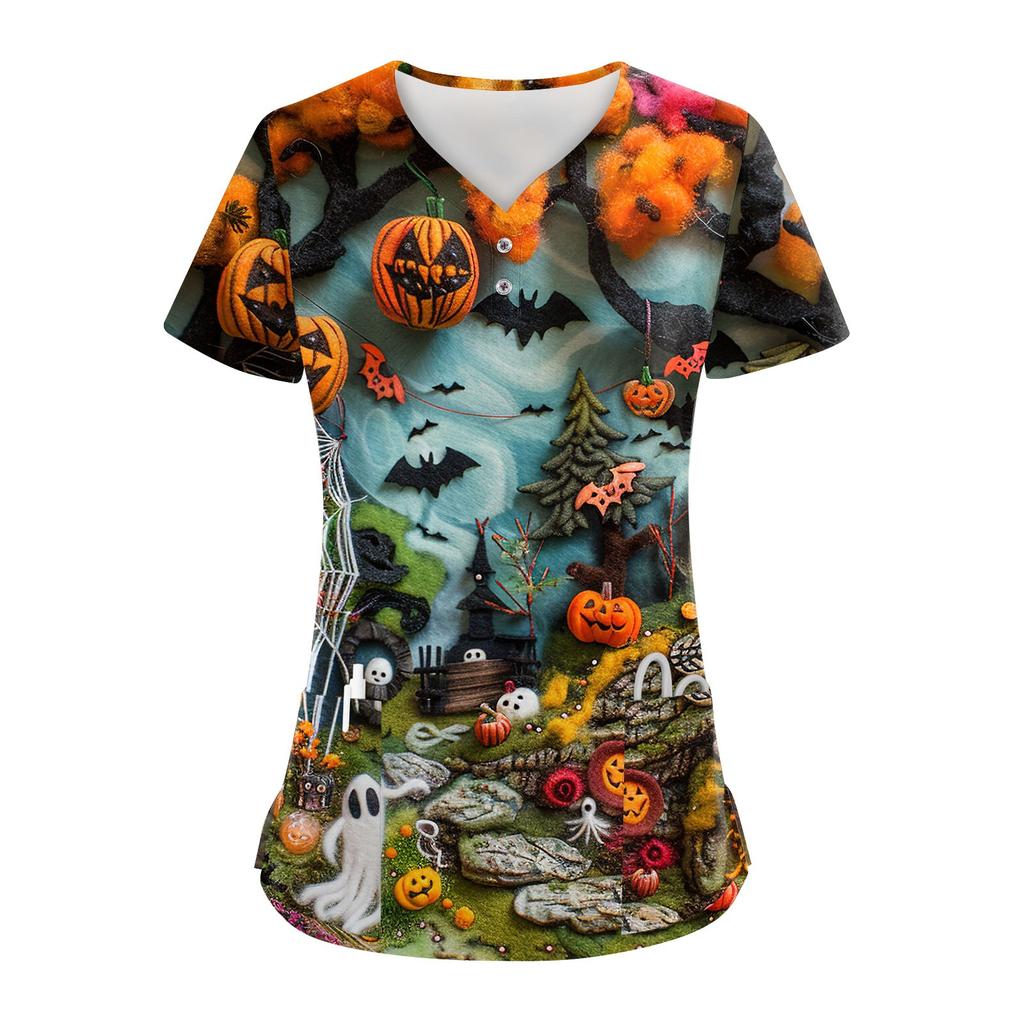 Women's Button V Neck Fashion Casual Halloween Print Tops Dry-nurse Top,Scrubs Tops For Women,2 Pockets