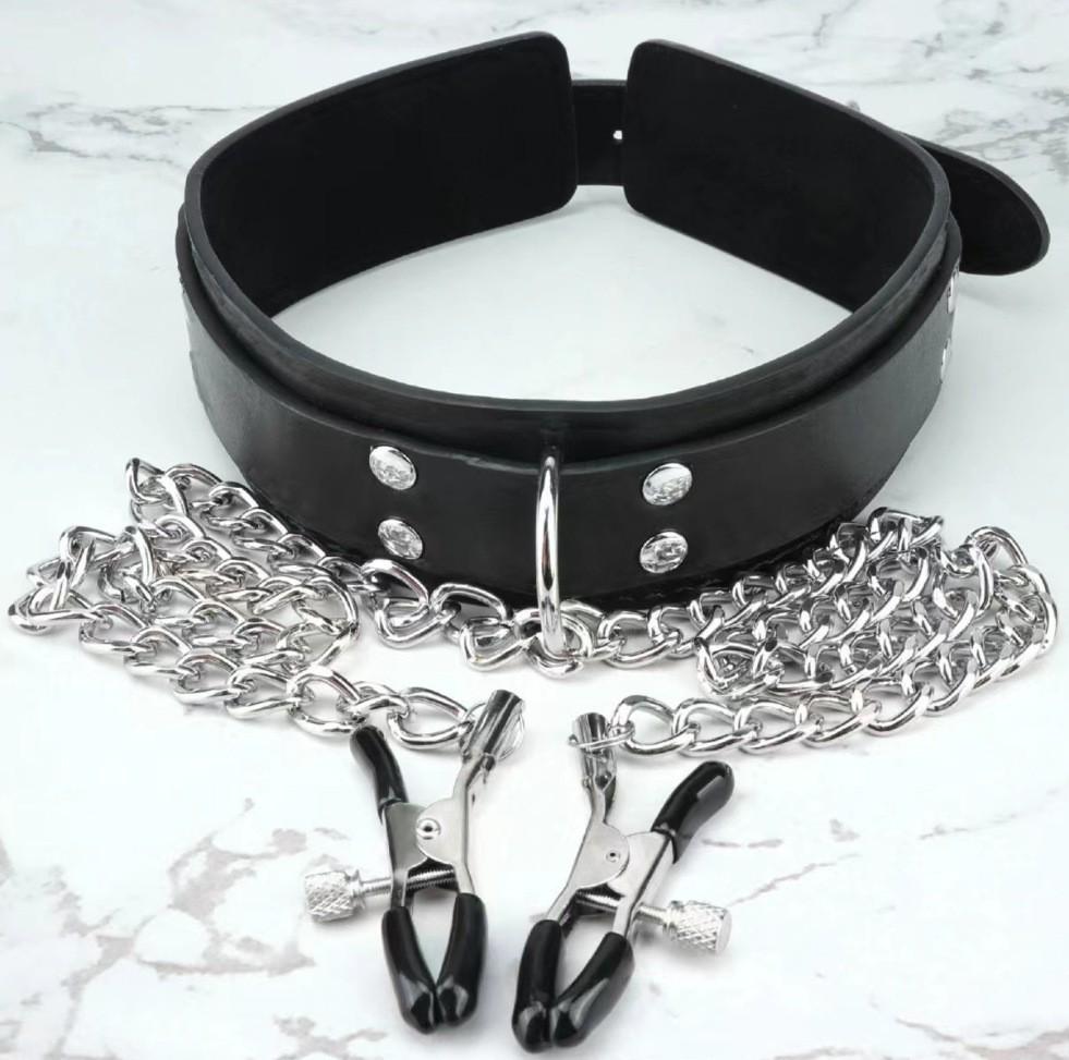 Women's Erotic Nipple Clamps and PU Choker with Iron Chain Restraint Set
