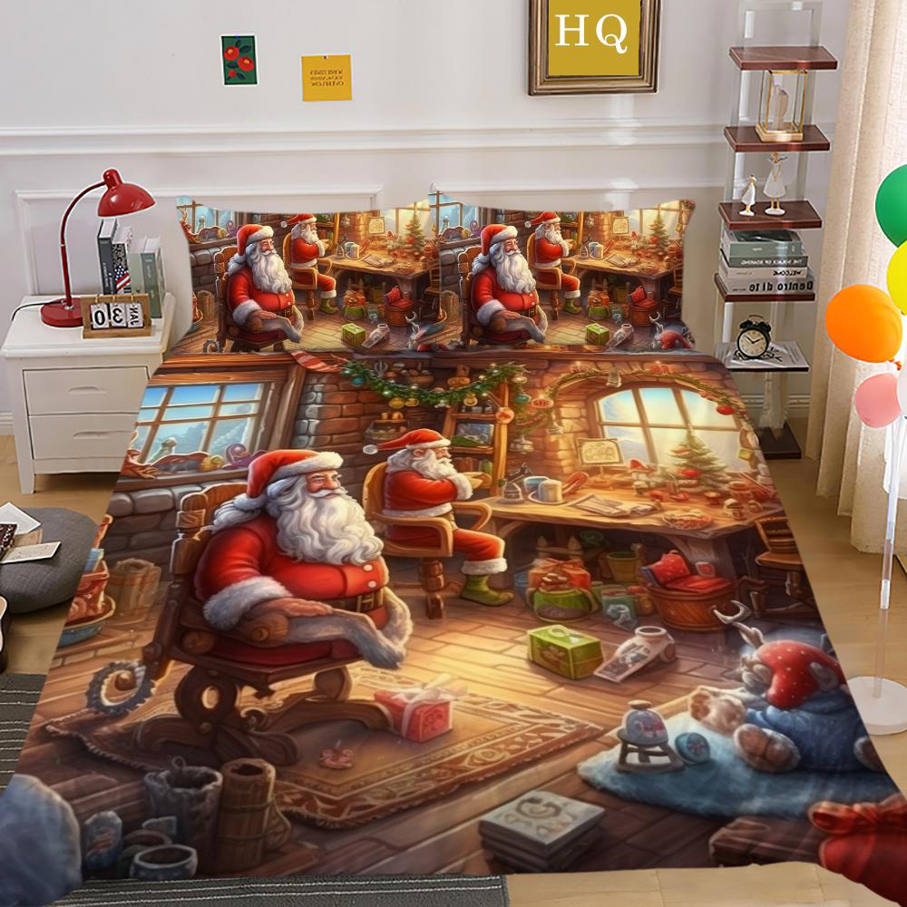 3D Microfiber Fabric Christmas Bedding Set Santa Claus Quilt Cover Pillowcase 2 or 3 EU220 * 240 Full-size Quick Drying Easy Cleaning Home Decoration