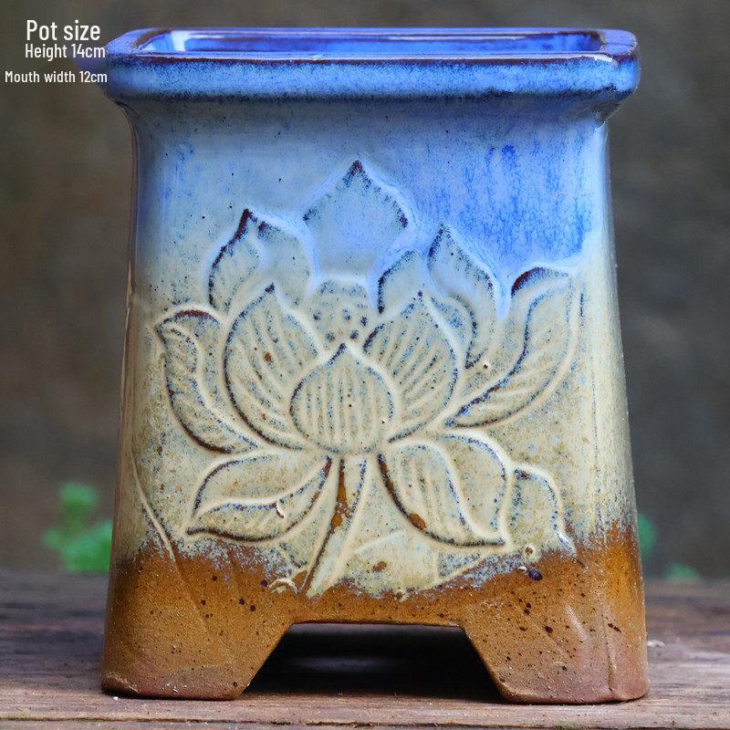 Handgefertigter unregelmäßiger quadratischer Keramik-Blumentopf für Sukkulenten - Pflanztopf mit großem Durchmesser für Mischbepflanzung