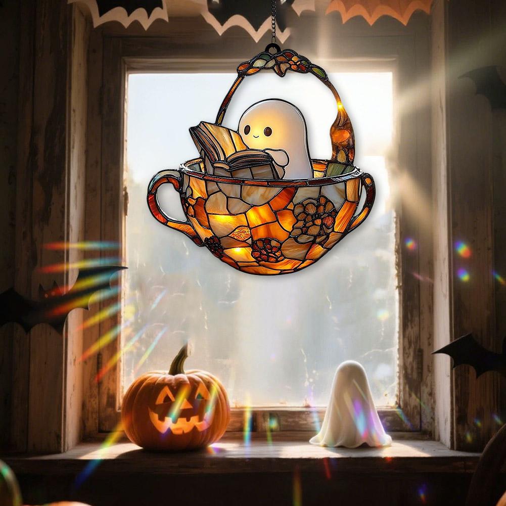 Acrylic Halloween Ghost in Bathtub Hanging Ornaments Cute Ghost Reading Book Decor Home Bedroom Living Room Window Decorations