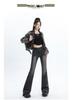 Women's Black & Grey Embroidered High-Waisted Micro-Flare Jeans, Slimming Stretch Bootcut Pants for Autumn 2025.