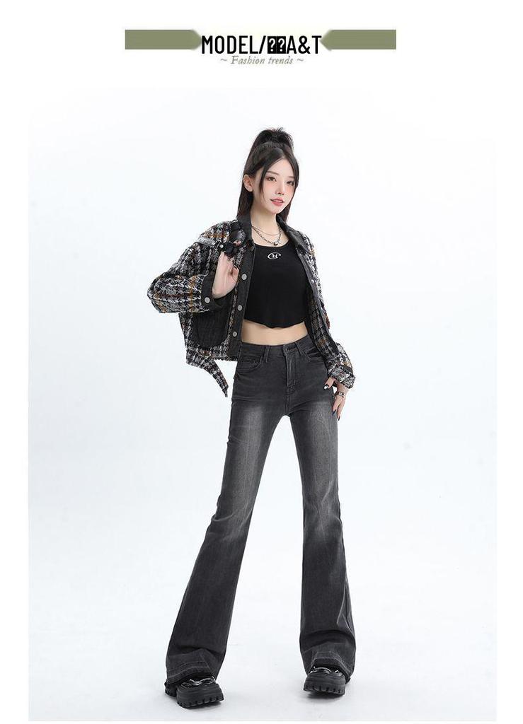 Women's Black & Grey Embroidered High-Waisted Micro-Flare Jeans, Slimming Stretch Bootcut Pants for Autumn 2025.