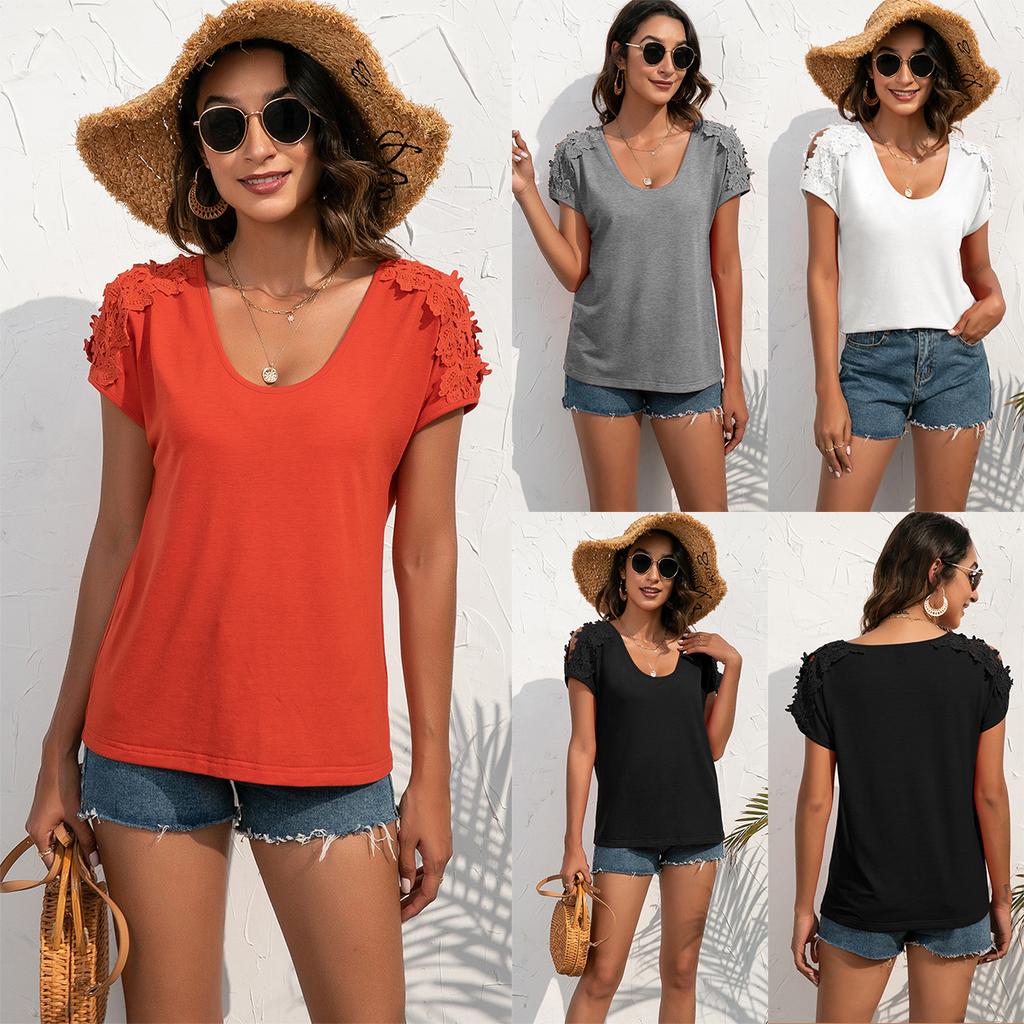 Women's Hollow-Out Lace Blouse, Deep Neck T-Shirt, Short Sleeve, Sexy Summer Top