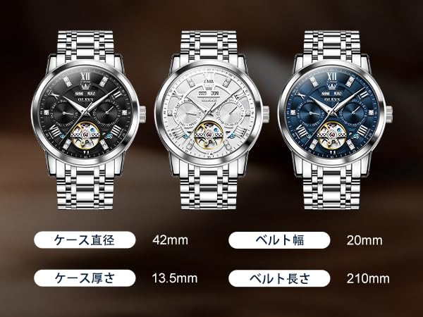 OLEVS Mechanische Automatikuhr mit Handaufzug, Ewiger Kalender, Skelett-Metallarmband, stilvolle Retro-Uhr, leuchtend, wasserdicht, für Herren, Blau