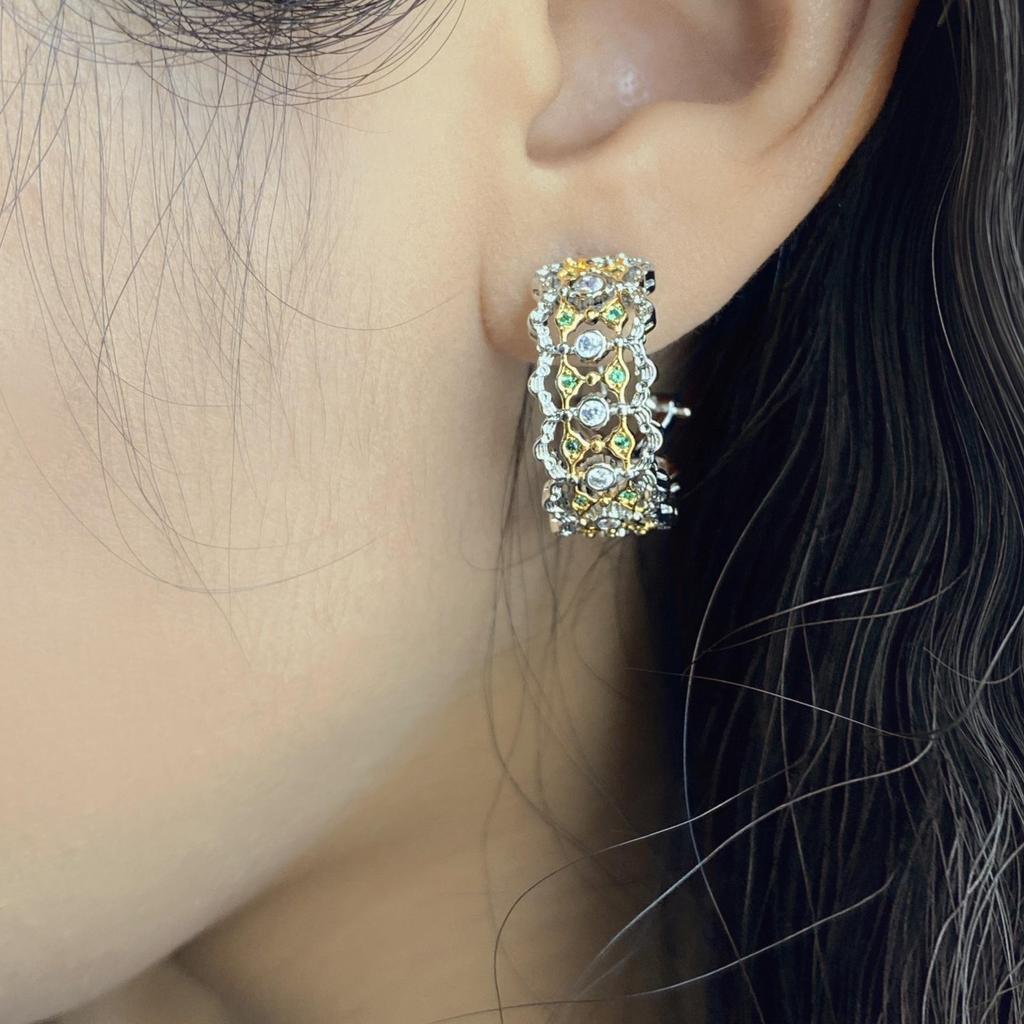 Emerald Green Lace Hoop Earrings with Filigree and Woven Texture