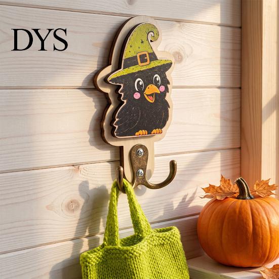 Solid Wood Ornament Hook Halloween Wall Hook, Wooden Crow Mummy Skull Key Holder for Entryway, Festive Hat And Hooks Cute Spooky Coat Rack with Metal