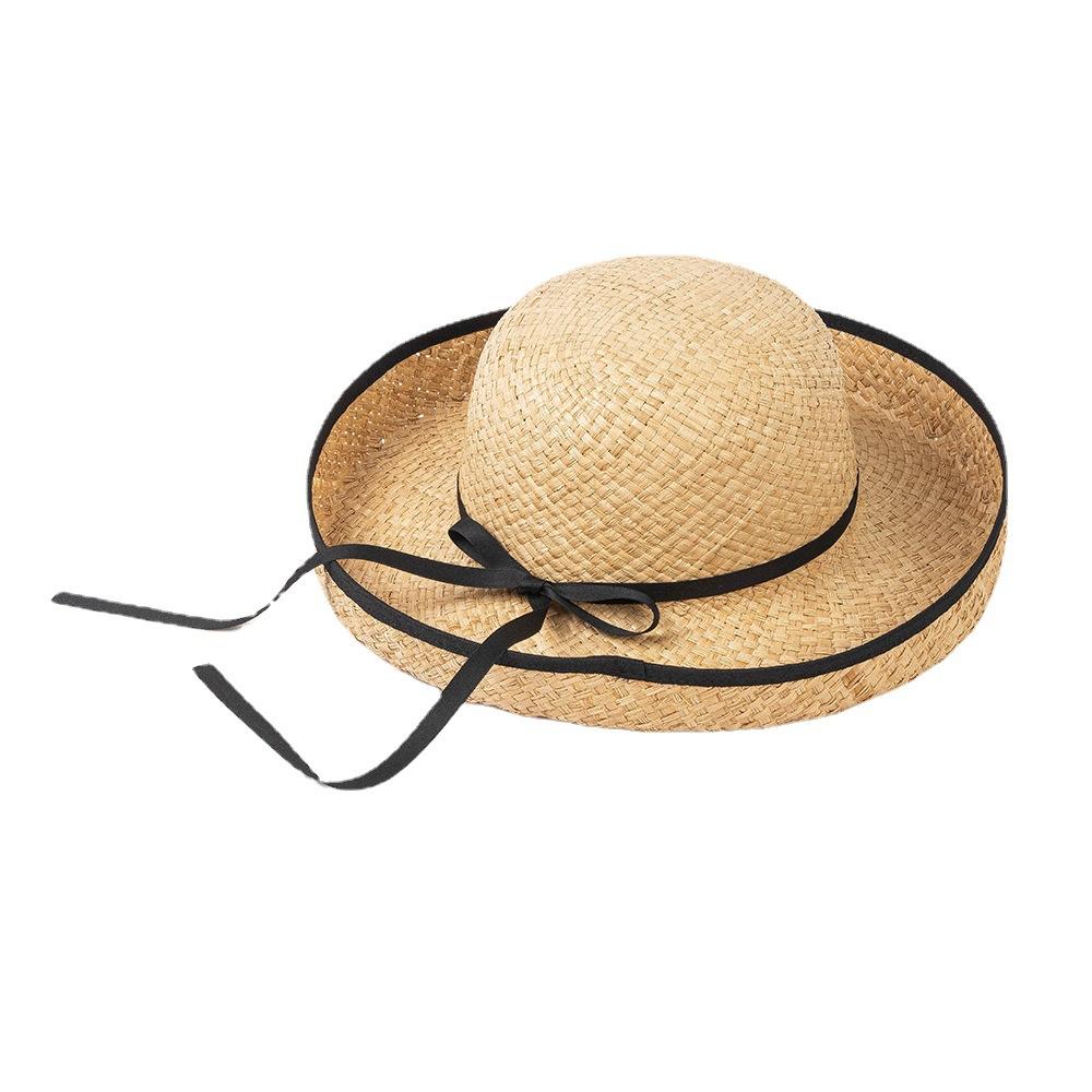 Korean Version of the New Fashion Lashing Bow Rolled Edge Raffia Basin Hat Outdoor Travel Sun Protection Visor Straw Hat