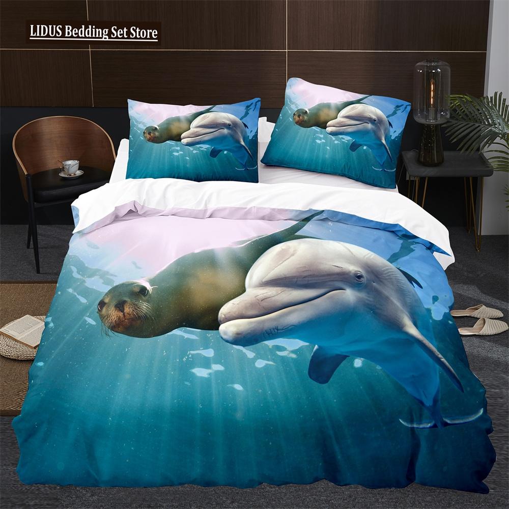 Sea Lion Duvet Cover King Queen Size Lovely Ocean Animals Bedding Set For Kids Boys Girls Blue Sea Beach Polyester Quilt Cover