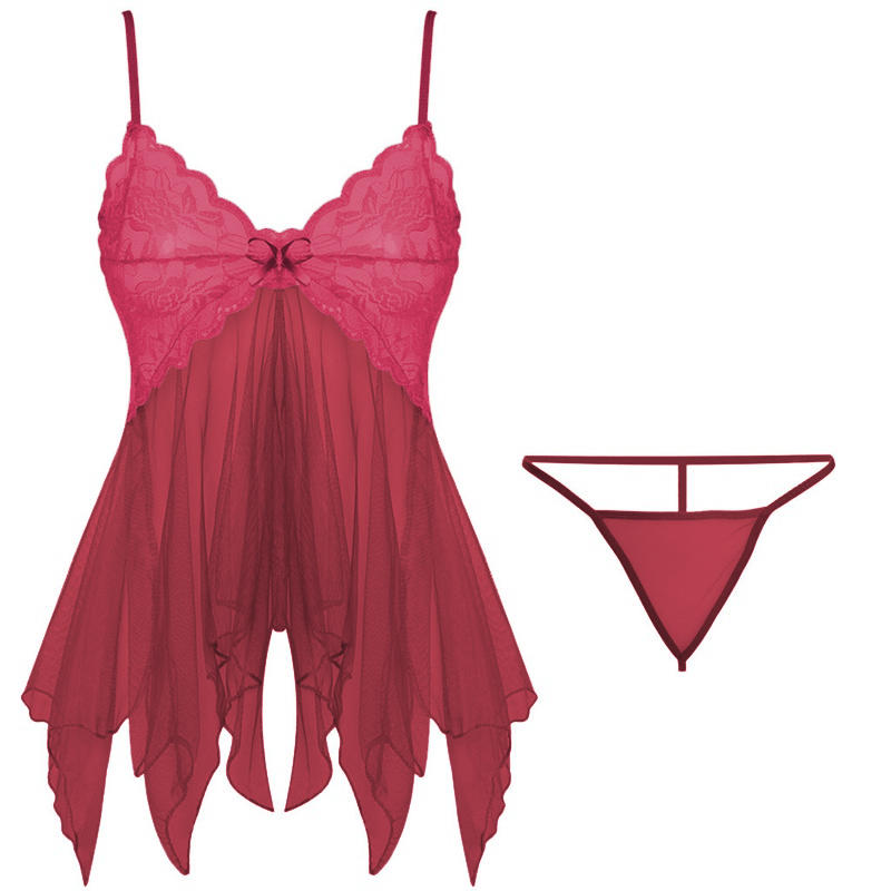 Damenmode Spitze Dessous V-Ausschnitt vorne Babydoll Mesh Nachtwäsche Outfits mit Slip Outfits Sexy Kleid Nachthemd