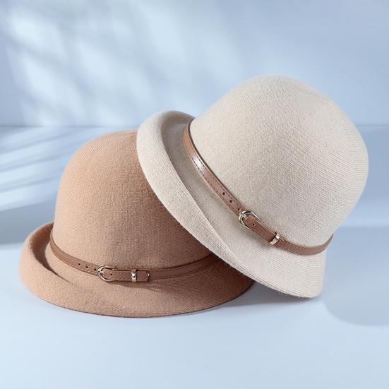 Basin Hat British Style Woolen Casual Hat with Rolled Brim Faux Leather Strap Women Autumn Winter Urban Hat