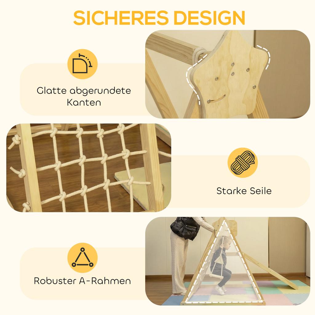 5-in-1 Indoor Climbing Frame with Slide, Swing, Climbing Net, Basketball Hoop, Foldable, 3-6 Years, Natural Wood