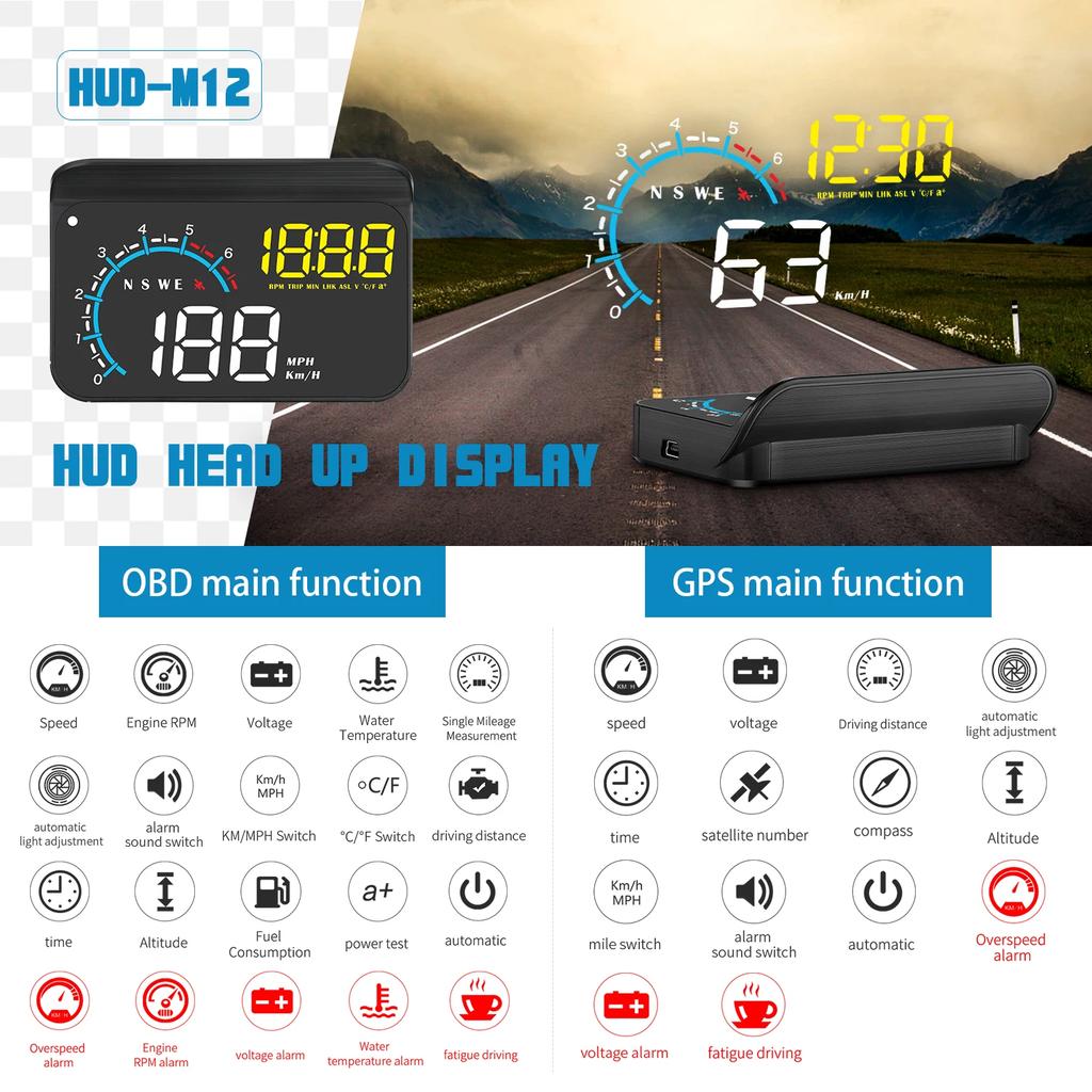 M12 GPS+OBD Head Up Display Car HUD On-board Computer Auto Projector Electronics Windshield Obd2 Display With Speed RPM Compass