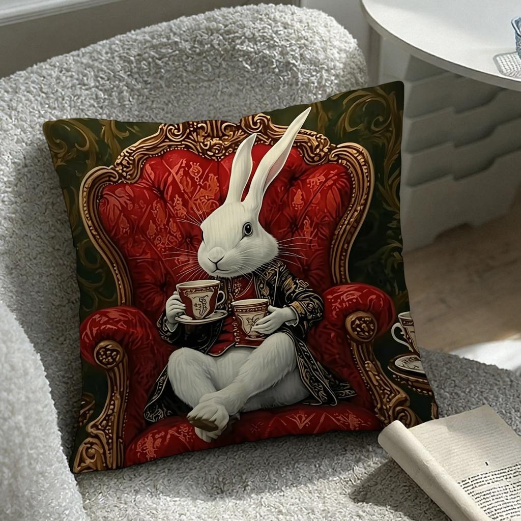 1Pc Elegant Victorian White Rabbit Pillow Cover, 2D Double-Sided Print Polyester Pillowcase, Royal Armchair & Tea Cup Decor, Sop