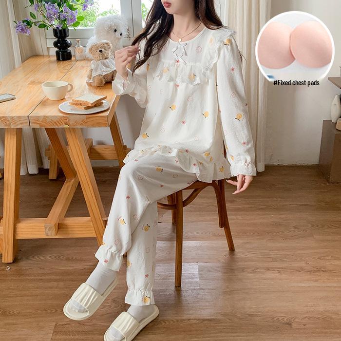 Women's Princess Style Cotton Pajama Set with Padded Bust - Lace Trim Long Sleeve for Spring/Autumn