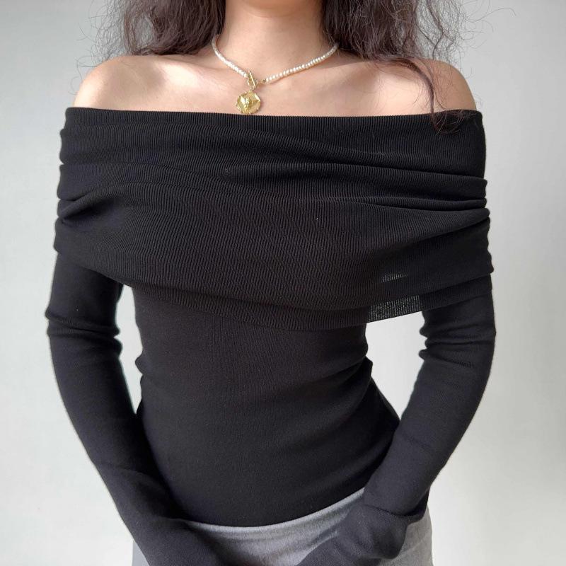 European One-Shoulder Pleated Knit Slim-Fit Sweater for Women