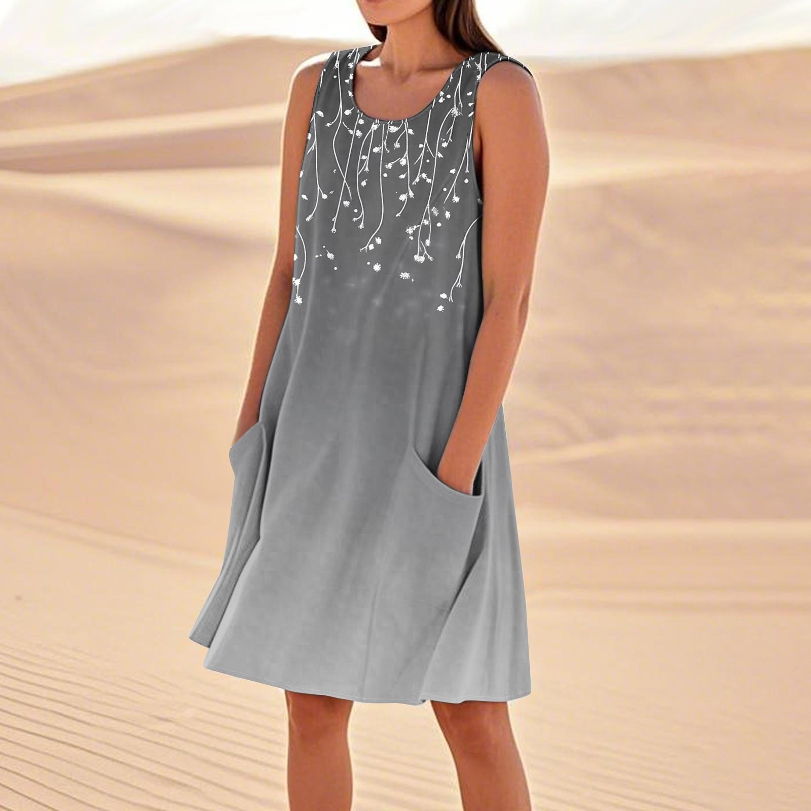 

Летние платья для женщин, свободные пляжные повседневные сарафаны без рукавов с карманами, платье-майка XXL